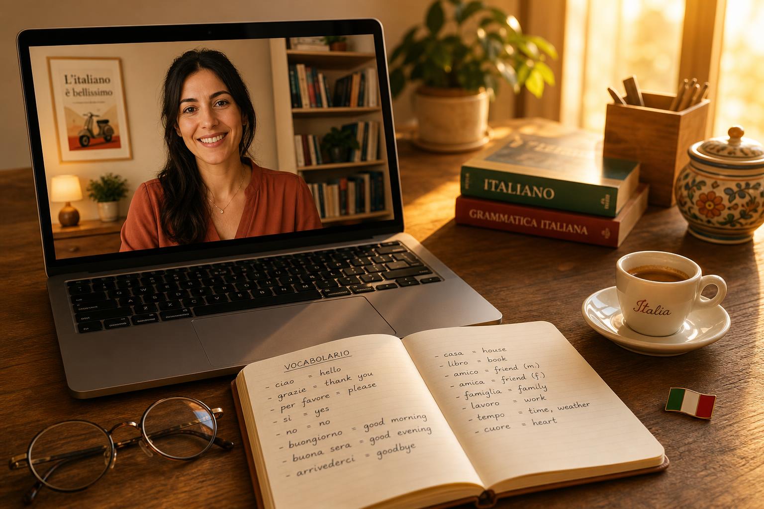 Online Italian lesson: laptop with video call, open Italian books, handwritten notes, espresso and Italian flag on a sunny desk